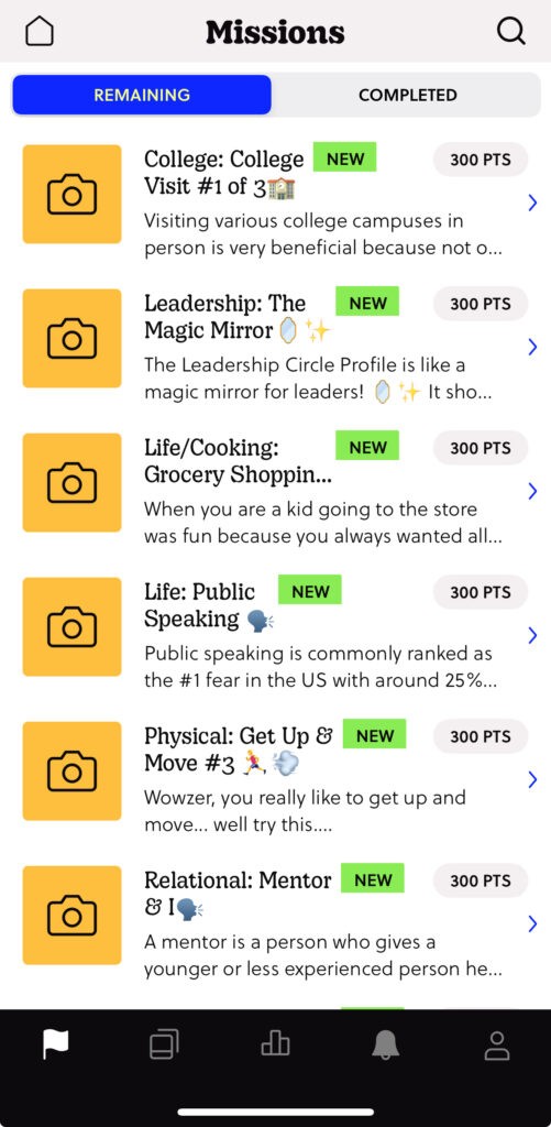 Sample Mission Gallery screen from the Thrive Challenge app