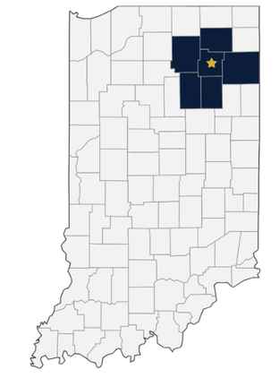 Map of Indiana highlighting the counties eligible for the Thrive Challenge scholarship